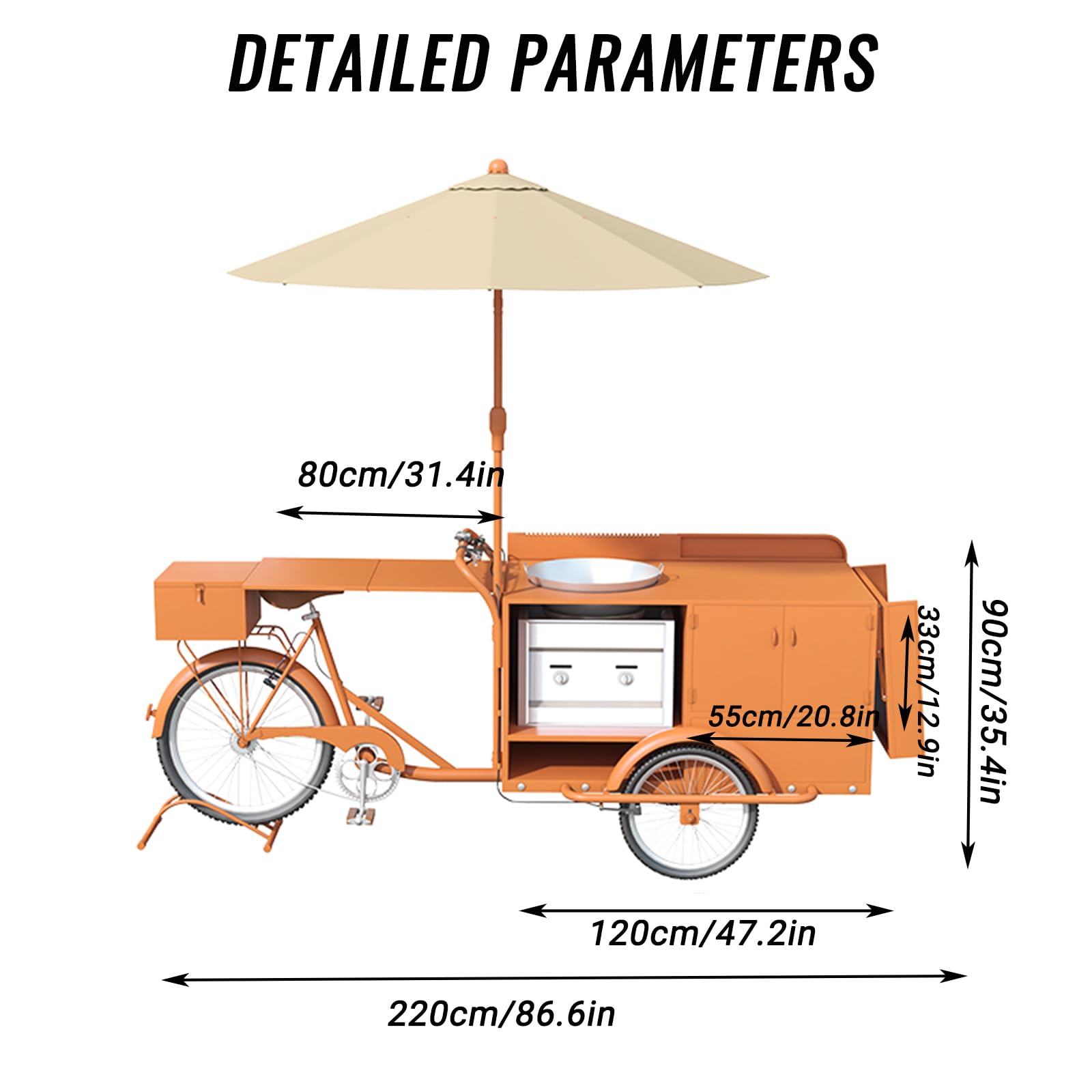 Tricycle Utilitaire Commercial avec Parasol pour la Vente ambulante, Food Trucks, événements en Plein air, Cuisine Mobile, Stand de Restauration, remorque Alimentaire