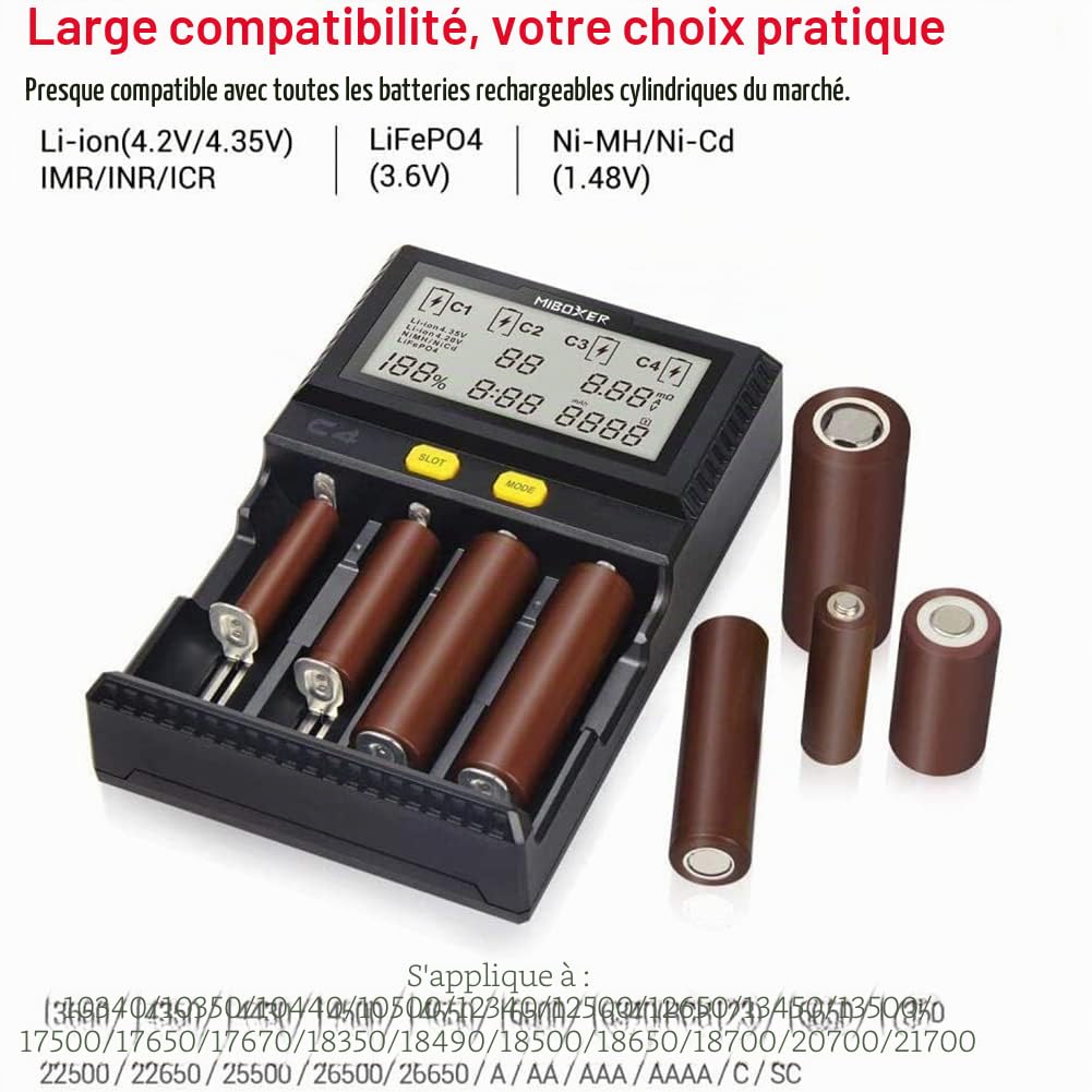 Chargeur de Batterie Universel, MiBOXER Smart Chargeur Universel 4 Baies, Écran LCD Automatique, Charge Rapide Rechargeable Li-ION LiFePO4 Ni-MH Ni-CD AA AAA C 18350 18500 18700 20700 21700 26650