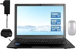 Laptop de 10,1 polegadas, laptops com 8 GB de RAM, processador Celeron N4000 (até 2,6 GHz), notebook de banda dupla WiFi HDMI de longa duração (preto, 512 GB)