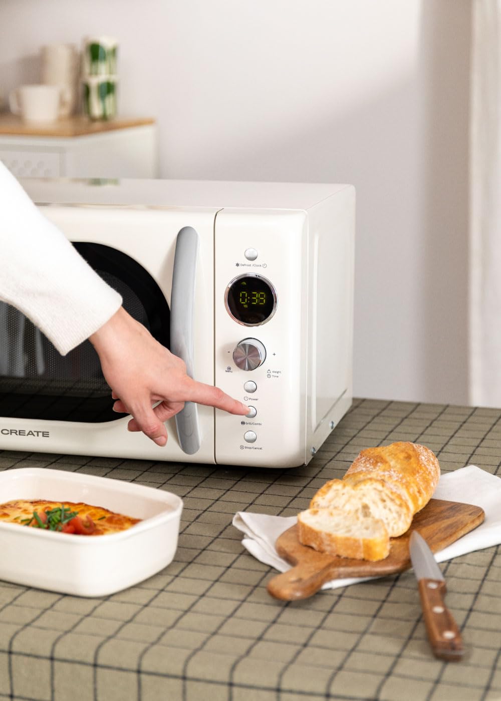 CREATE/MICROWAVE RETRO/Microondas grill digital banco roto/Estilo Retro, capacidad 20L, plato de Ø245 mm, 3 programas, 9 menús preinstalados, cocinado multietapa, pantalla LCD, 900W