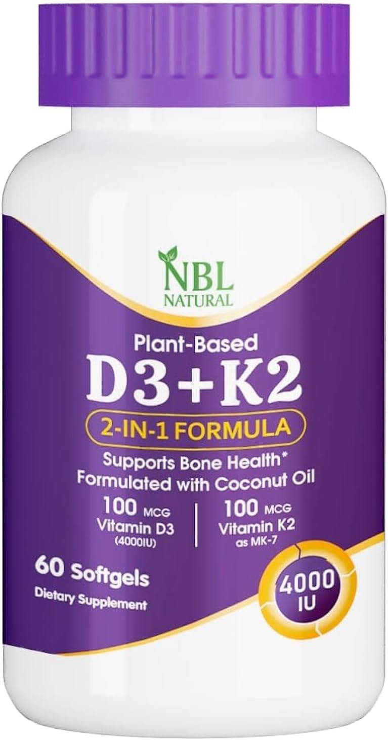 NBL Natural Vitamin D3 + K2 with Organic Coconut – 60 Softgel | Vitamin D3 4000 iu k2 Supplement for Hair | Bone Health Support | Immunity Booster | Muscle Supplement Softgel