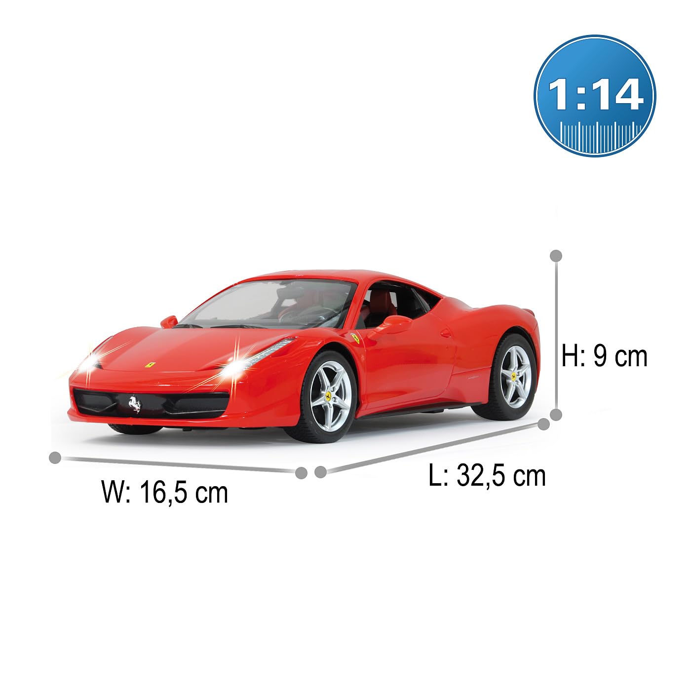 JAMARA 404305 - Ferrari 458 Italia 1:14 2,4 GHz - oficjalnie licencjonowany, do 1 godziny jazdy przy 11 km/h, LED, idealnie odtworzone szczegóły, szczegółowe wnętrze, wysokiej jakości wykonanie