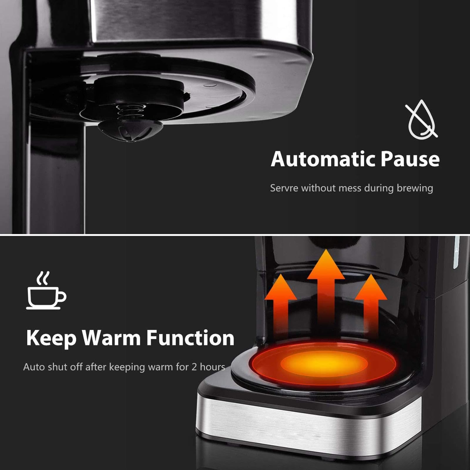 Cafetière Programmable de 12 Tasses pour La Maison et Le Bureau, Cafetière Goutte à Goutte avec Maintien Au Chaud, Carafe en Verre, Filtre Réutilisable, Système Anti-Goutte, Arrêt Automatique