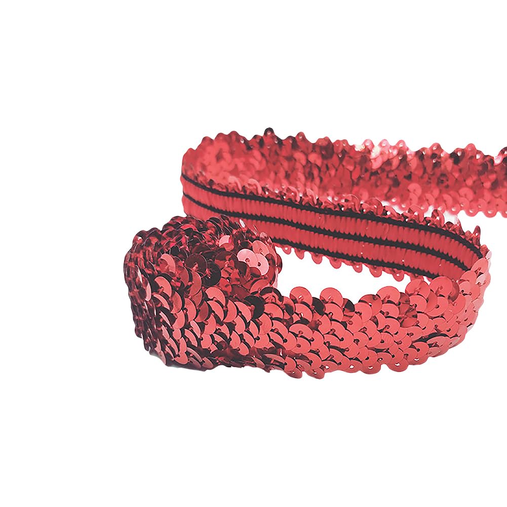 Cinta elástica de lentejuelas de 11 yardas x 1.2 pulgadas, ribete metálico para manualidades, ribete decorativo plano para costura, color rojo