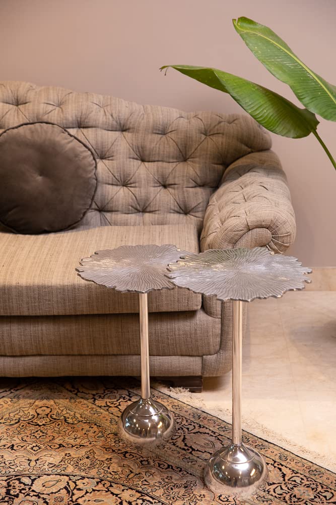 Elan Lotus Design Side Table Set of 2 | Metal Decorative Accent Tables with Textured Flower Top and Sturdy Base | Stylish End Tables for Living Room, Lounge and Home Décor Furniture (Silver Finish)