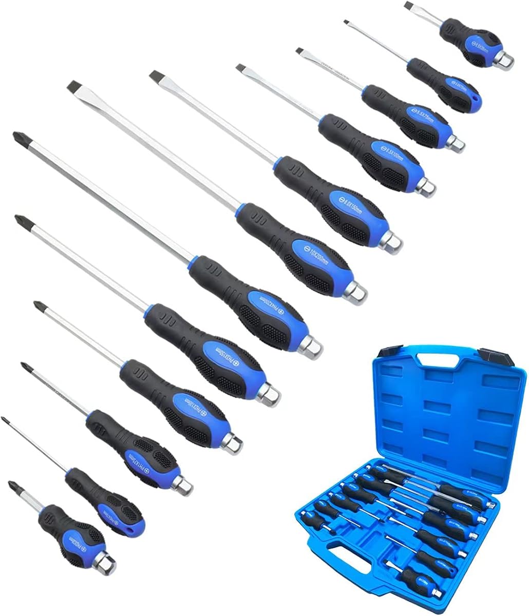 12pc Magnetic Screwdriver Set, with Go-Thru Steel Blades | 6 Phillips and 6 Flat Head Screwdrivers, High Torque for Fastening and Loosening