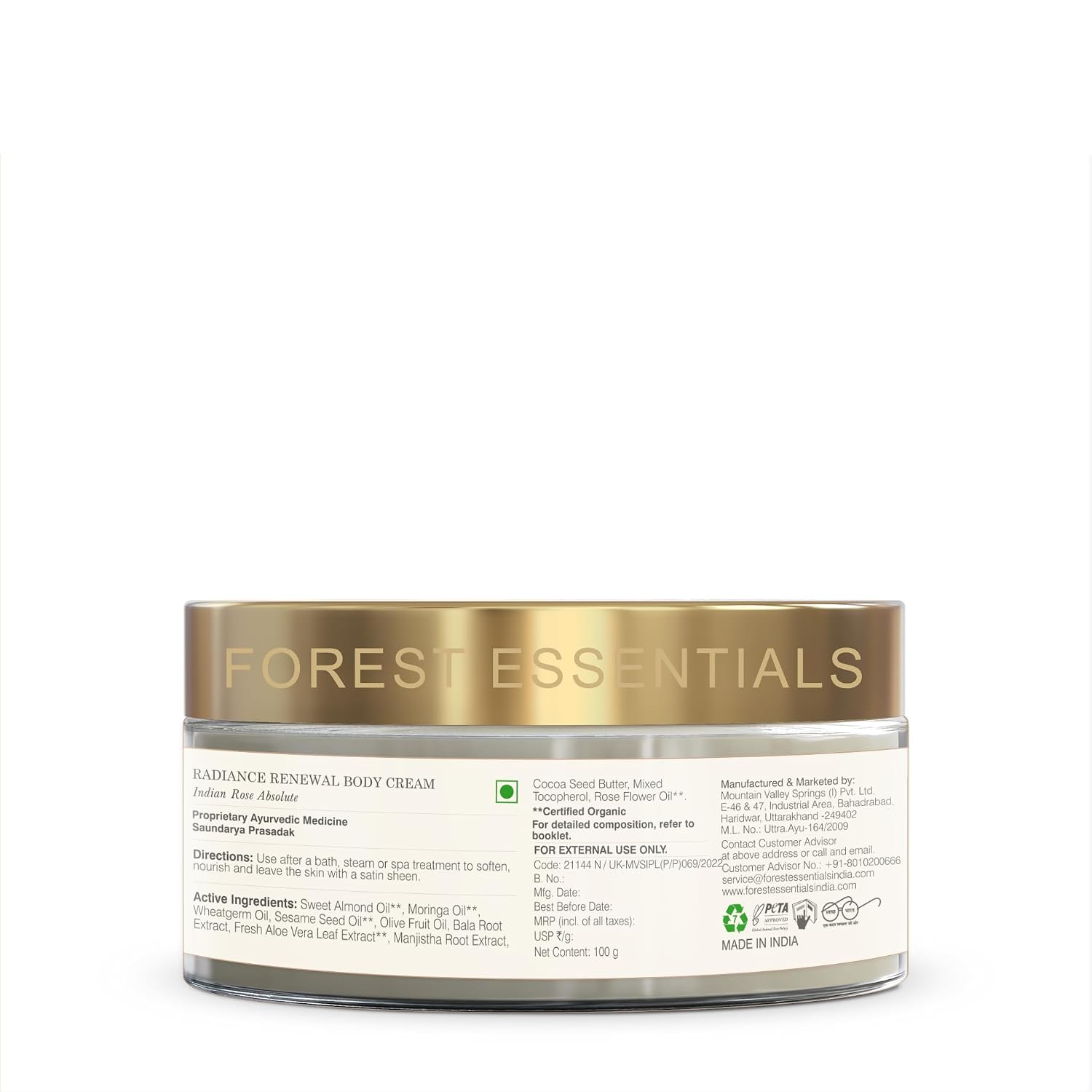 Forest Essentials Radiance Renewal Body Cream, Indian Rose, with Cocoa Butter & Rose Oil, Ayurvedic Nourishing Cream for Soft, Glowing Skin