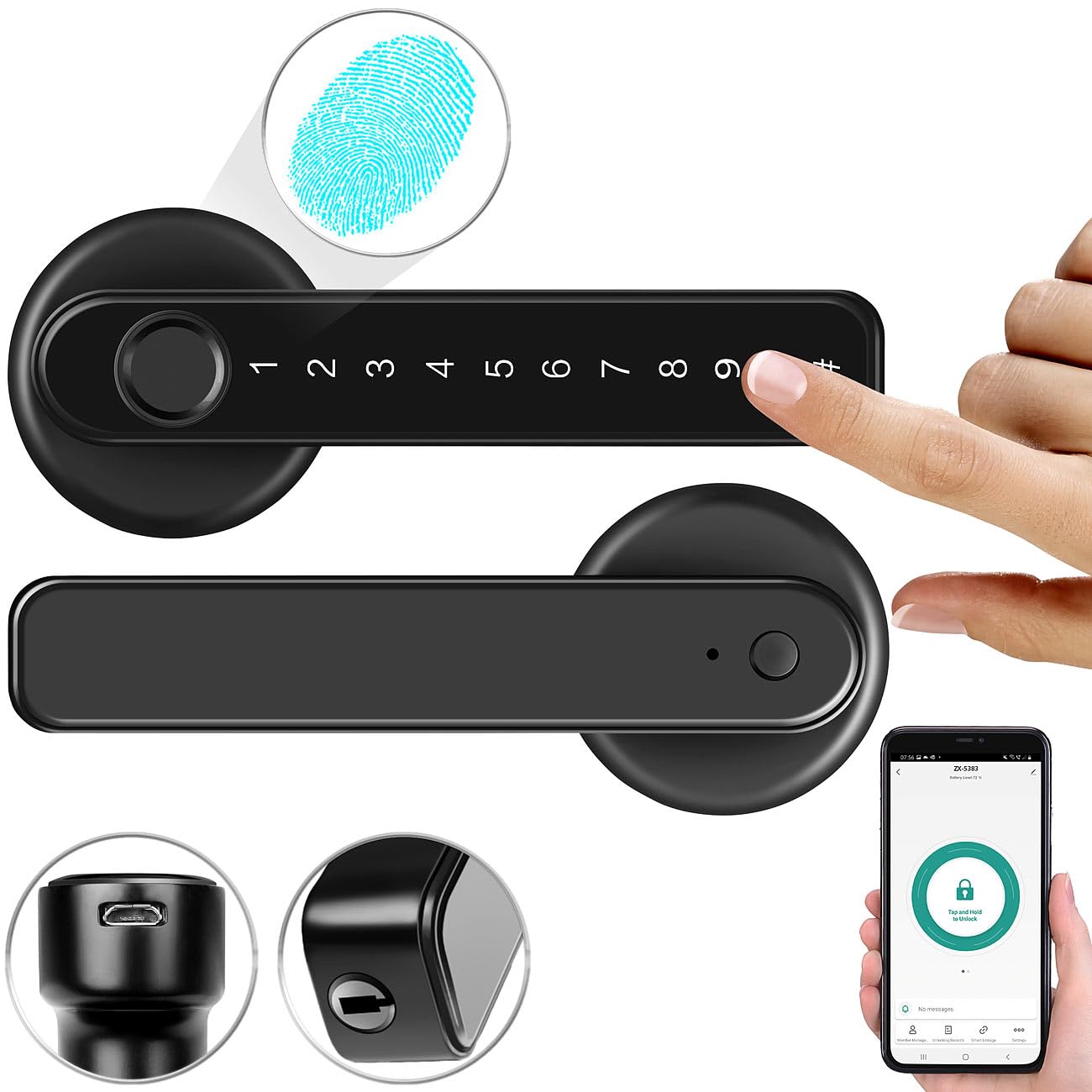 VisorTech Fingerabdruck Schloss: Smarter Sicherheits-Türbeschlag mit Finger-Scanner, PIN & App, schwarz (Smarter Türgriff, Fingerabdruck-Türbeschläge, WC)