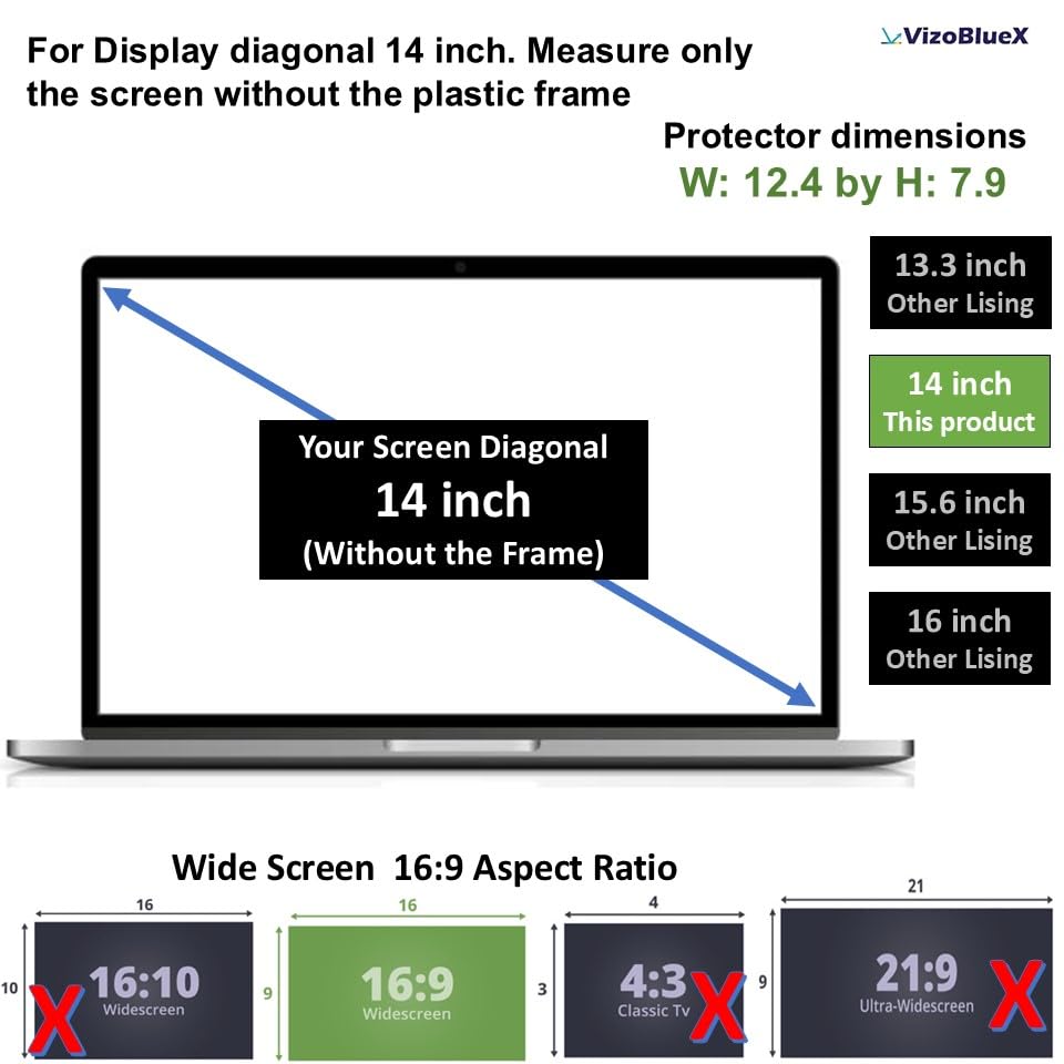 Image of VizoBlueX - 14 inch Diagonal Blue Light Blocking Screen Protector Filter. Panel LED PC Laptop Anti-UV Eye Protection Panel Cover - Widescreen Laptop Frame Hanging Type (W 12.4 inch X H 8.0 inch)