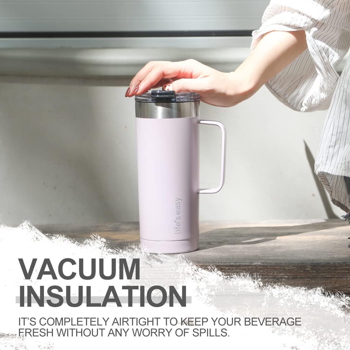 Life's Easy 20oz Stainless Steel Mug w/Handle - Double Wall Insulated Travel Tumbler w/Flip Lid - Leak Proof Tumbler-Thermal Cup for Coffee, Tea & More - Keep Hot & Cold Drinks (Lavender, 20 oz) - Image 6