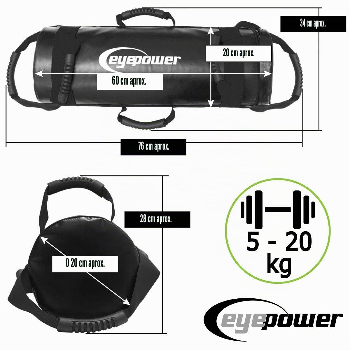 EYEPOWER 5-20kg Power Bag 20x60cm Saco de Arena para Entrenamiento con Pesa