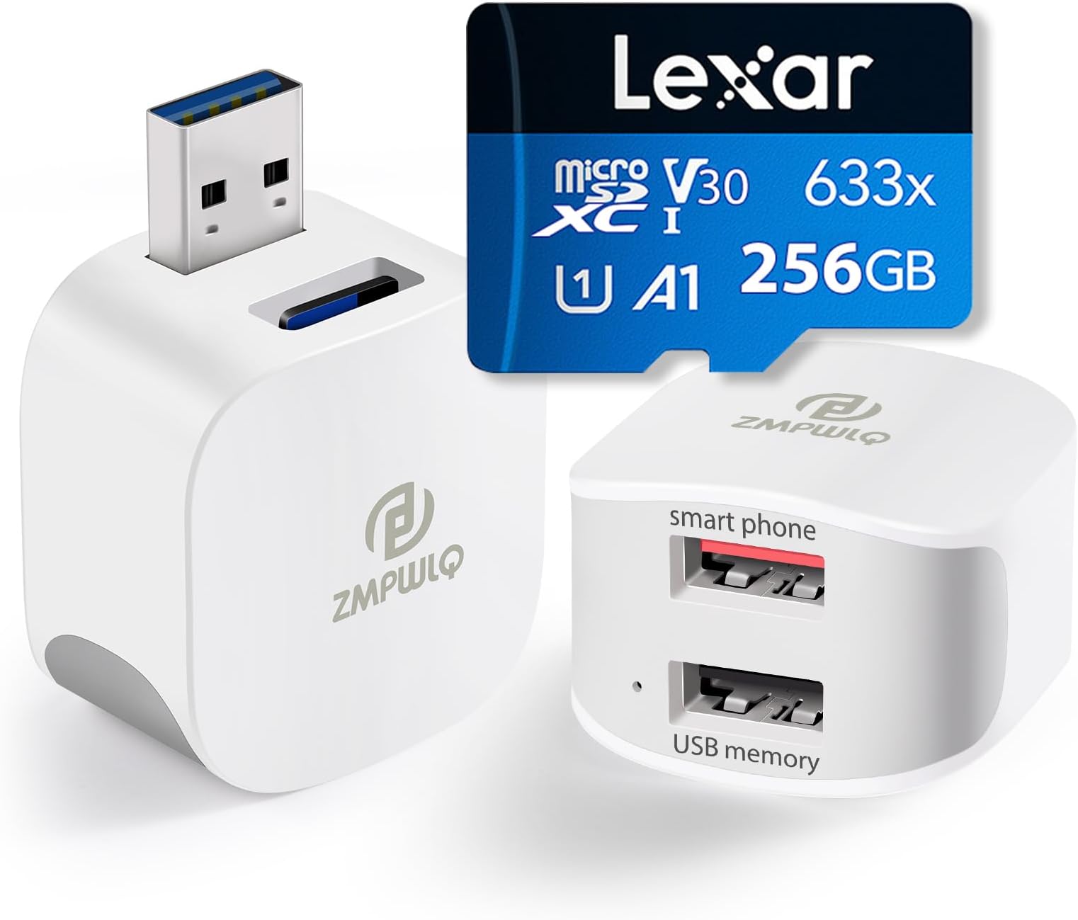 PL ZMPWLQ Auto Photo Backup Adapter with 256GB MicroSD Card, Auto Backup while Charging, iPhone/iPad/Android Photo Storage