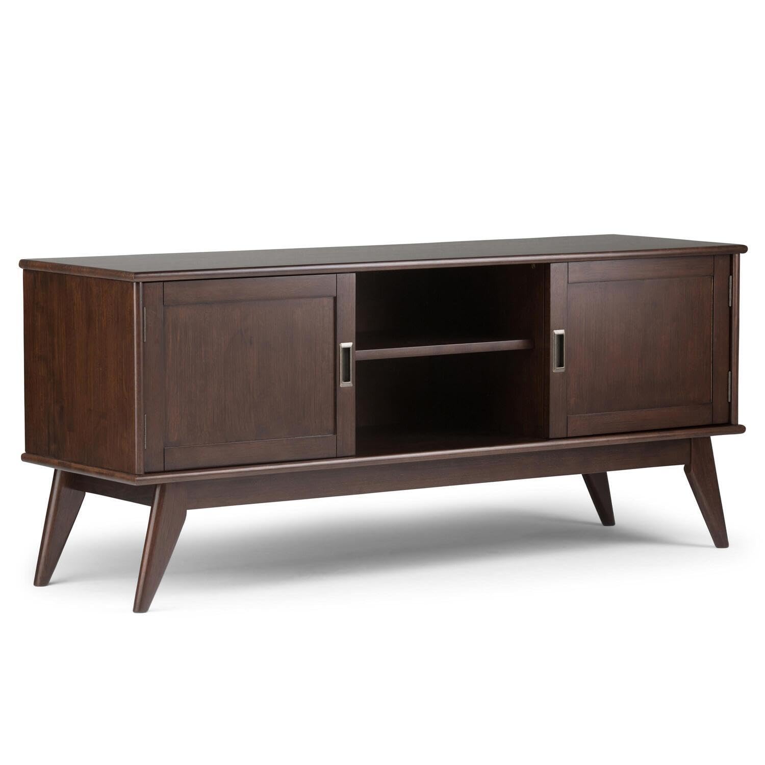 SIMPLIHOME Draper SOLID HARDWOOD 60 inch Wide Mid Century Modern TV Media Stand in Medium Auburn Brown For TVs up to 65 inches for the Living Room and Entertainment Center