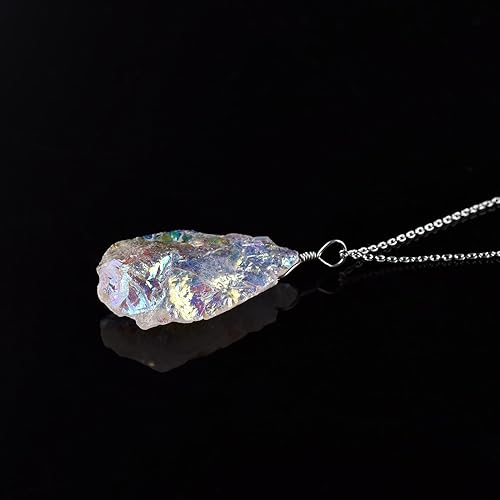 Miniatura 10 de Moon-Shaped Angel Aura Quartz Pendant - Artisan Hammered Finish - Rhodium Plated Sterling Silver - Celestial Healing Crystal Necklace - Fashionable