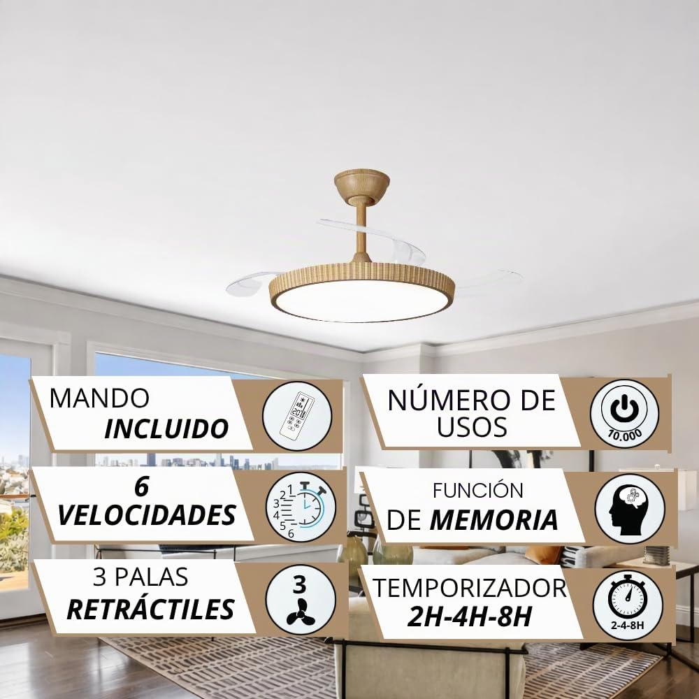 NARVI Ventilador de Techo Madera Haya Ø107 cm con Luz LED Regulable, Motor DC Silencioso de Bajo Consumo, Lámpara Ventilador con Mando, 3 Aspas Retráctiles, MANHATTAN 8996 WDNL. Potencia 60W