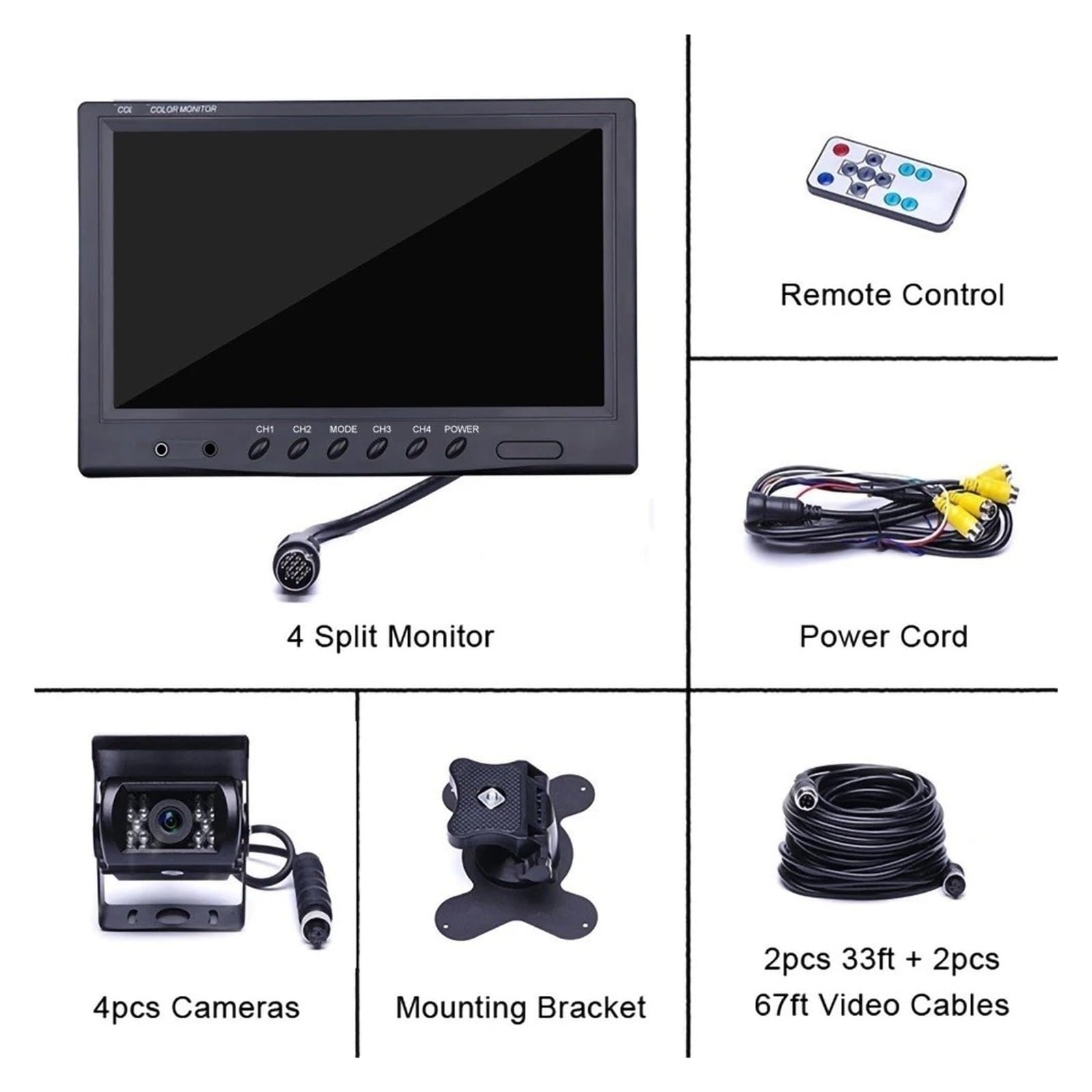 Cámara Visión Trasera 9 Pulgadas para Coche Monitor Cuatro Divisiones, Pantalla Dividida, Visión Nocturna, Grabadora 4 Canales, Cámara Visión Cámara Trasera