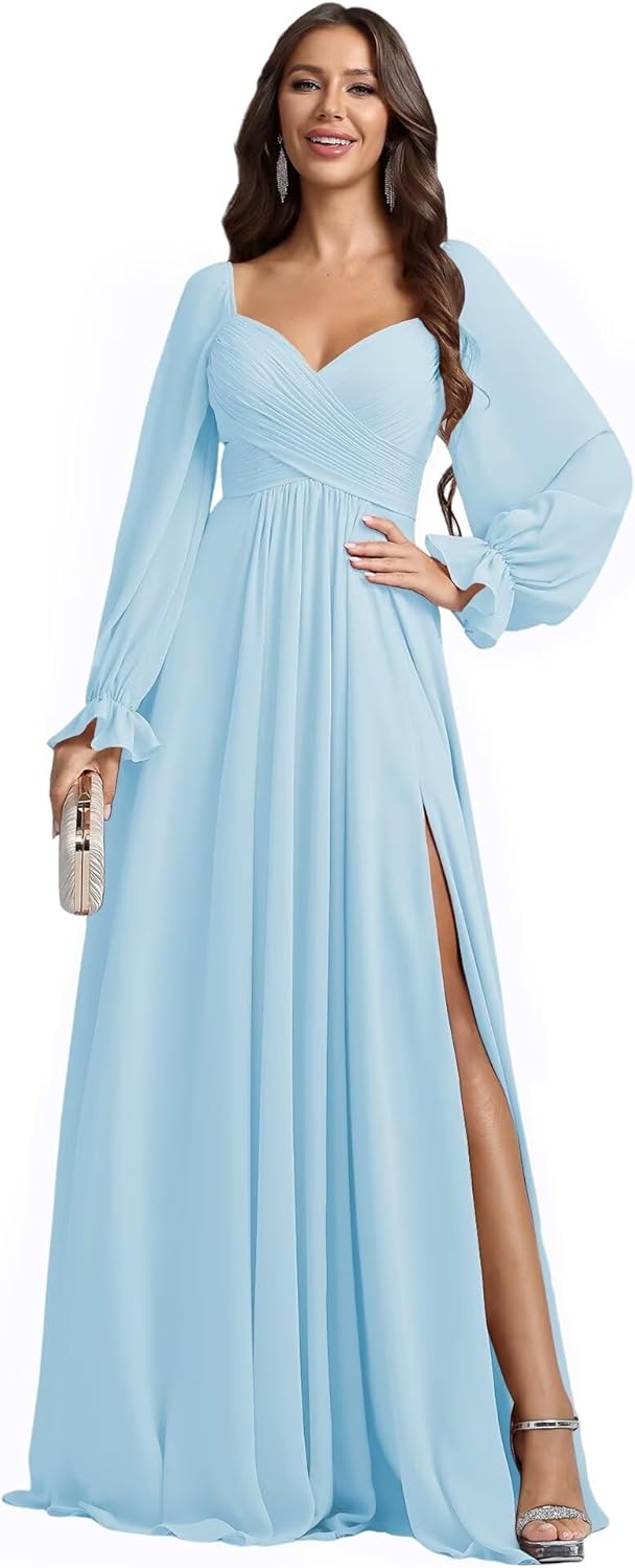 Women's Elegant Long Sleeve Chiffon Formal Dress Evening Gown Ruffled Cuffs Flowy A-Line Maxi Dress