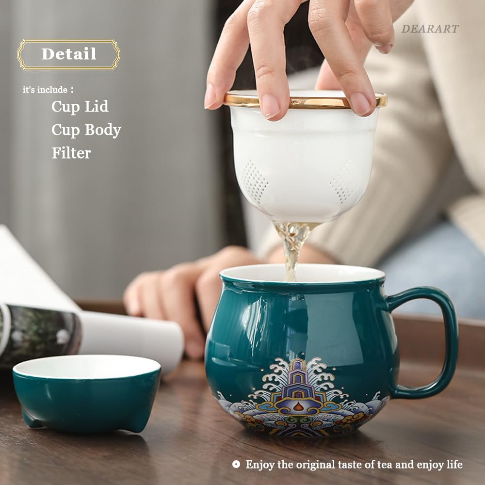 DEARART niedliche Teetasse im Katzenstil, tragbares Set, Teetasse mit 300 ml Fassungsvermögen, exquisite Musterverarbeitung, weißes Porzellanmaterial, leicht zu reinigen, grün
