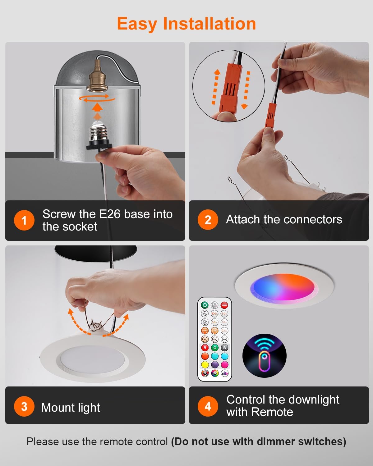Diagram showing four steps for easy installation of DUSKTEC recessed lighting: screwing in E26 base, attaching connectors, mounting light, and controlling with remote.