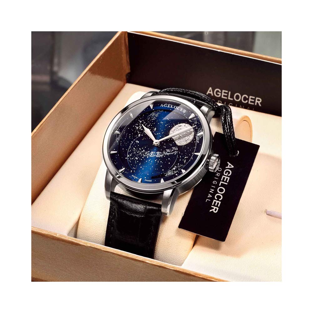 agelocer Orologio meccanico automatico da uomo con fasi lunari blu