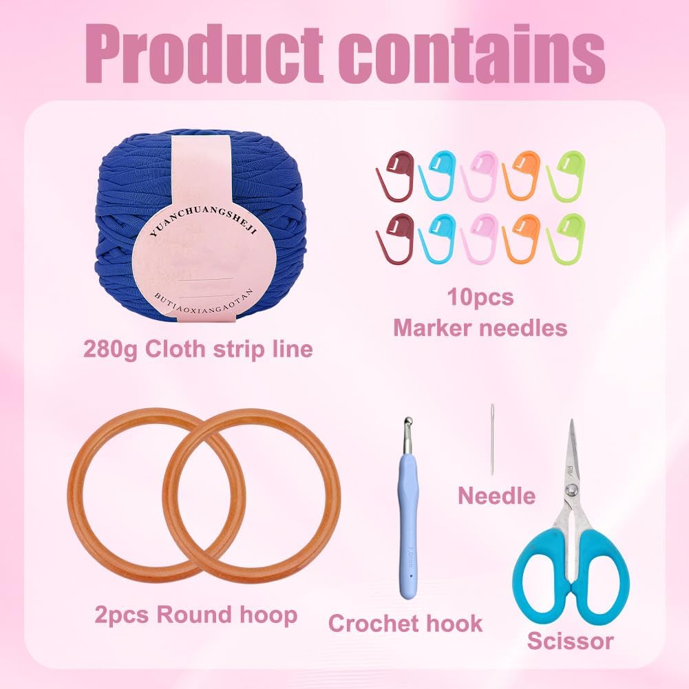 BEUNITONE DIY Crochet Bag Kit for Beginners Blue Handbag Macrame Kit for Women Boho DIY Macrame Purse Set Tote Bag for Holiday Summer Beach Decor Knitting Lover with Step-by-Step Instructions