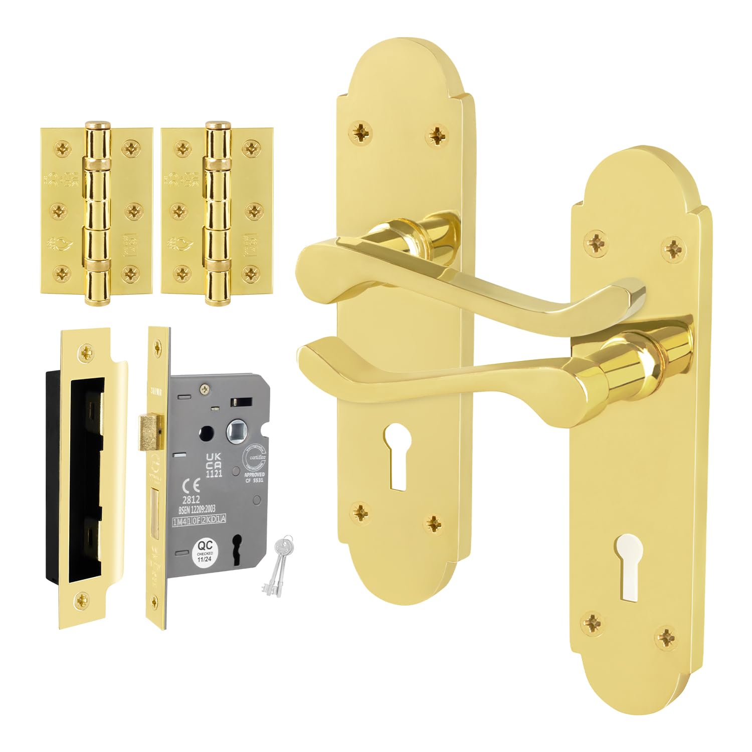 EAI Brass Door Handles Lock Set, 1 Pair Internal Polished Brass Victorian Scroll Backplate Handles, Hinges and Lock 64mm