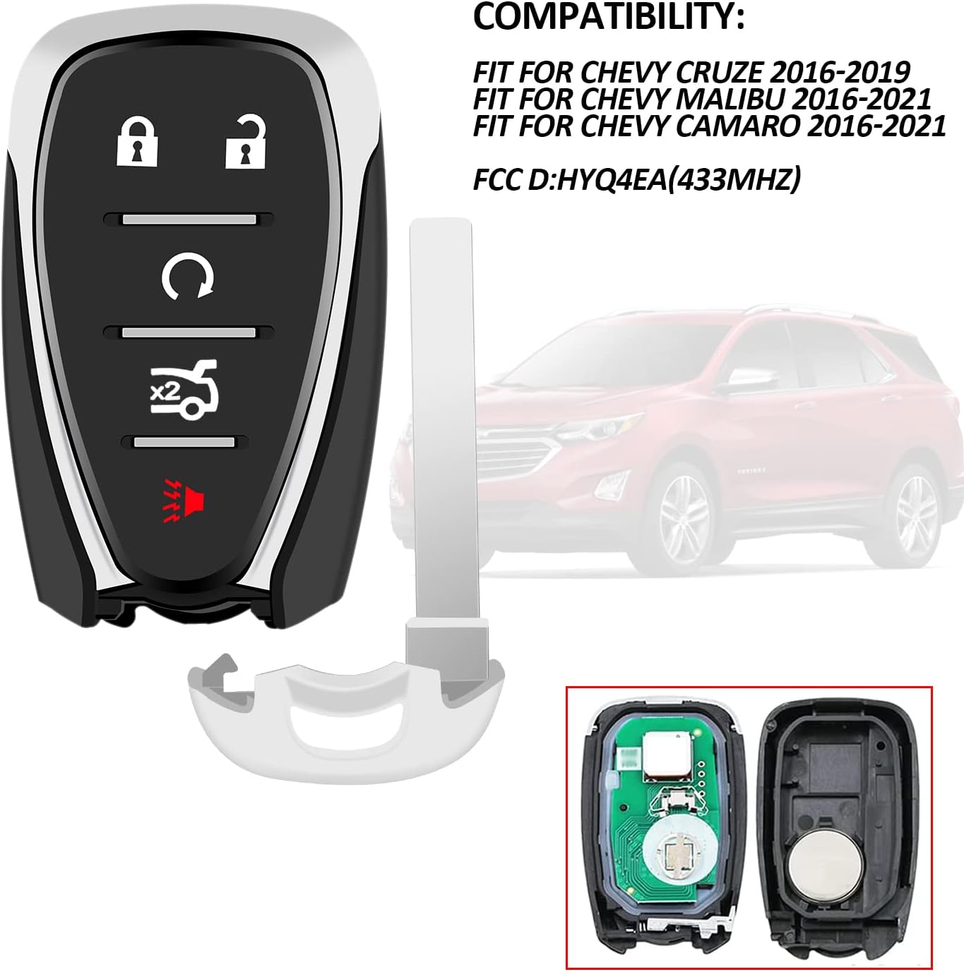 1x Smart Remote Key Fob 5 Button for Chevrolet Camaro Cruze Malibu 2016-2020 FCCID: HYQ4EA P/N:13508771 ID46 Chip (433MHz)