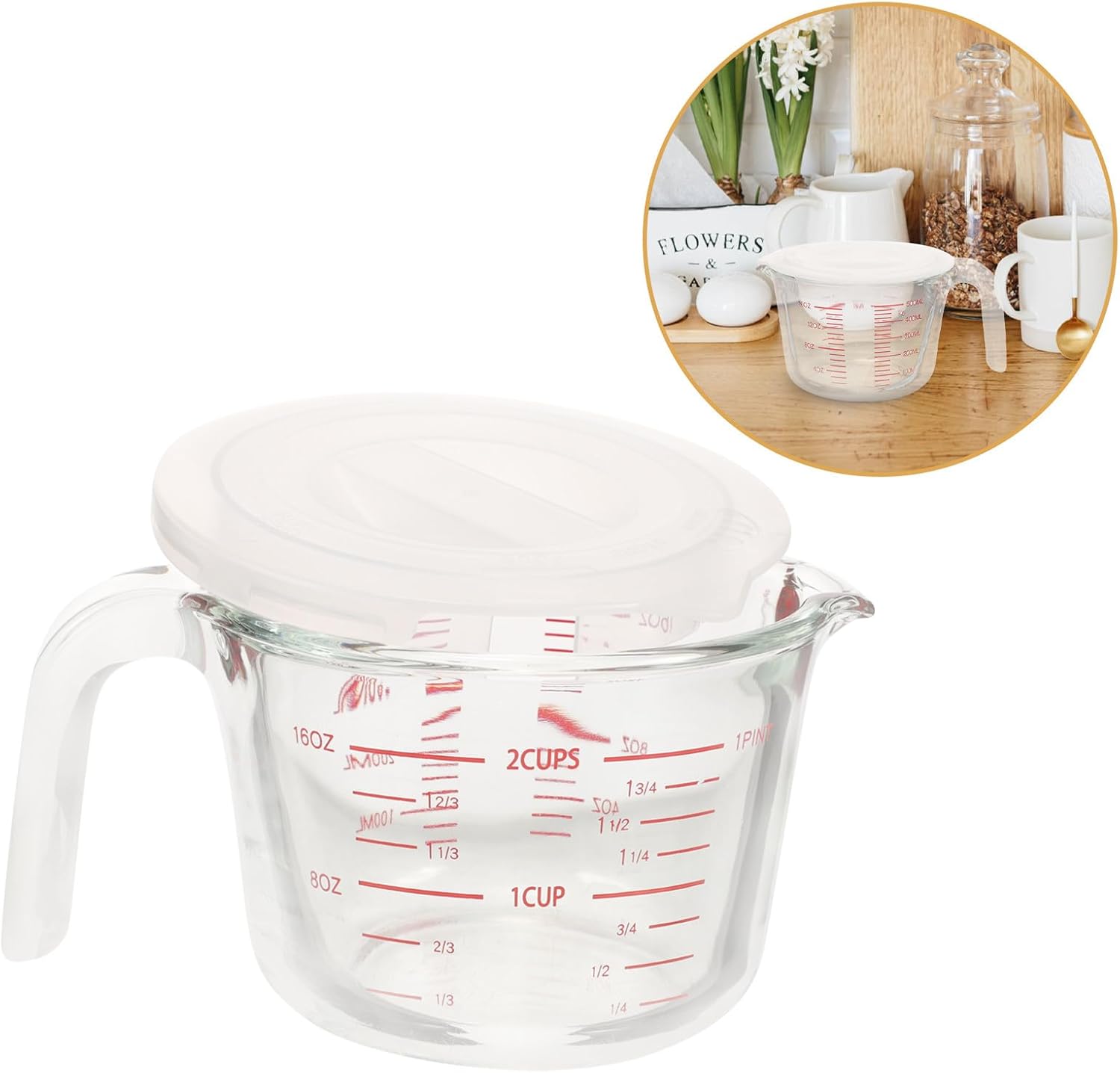Glass Measuring Cup 500ml with Scale and Handle, Heat-resistant Thickened Borosilicate Liquid Measuring Cup for Kitchen Baking and Milk, Lid Included, Household Cooking Tool