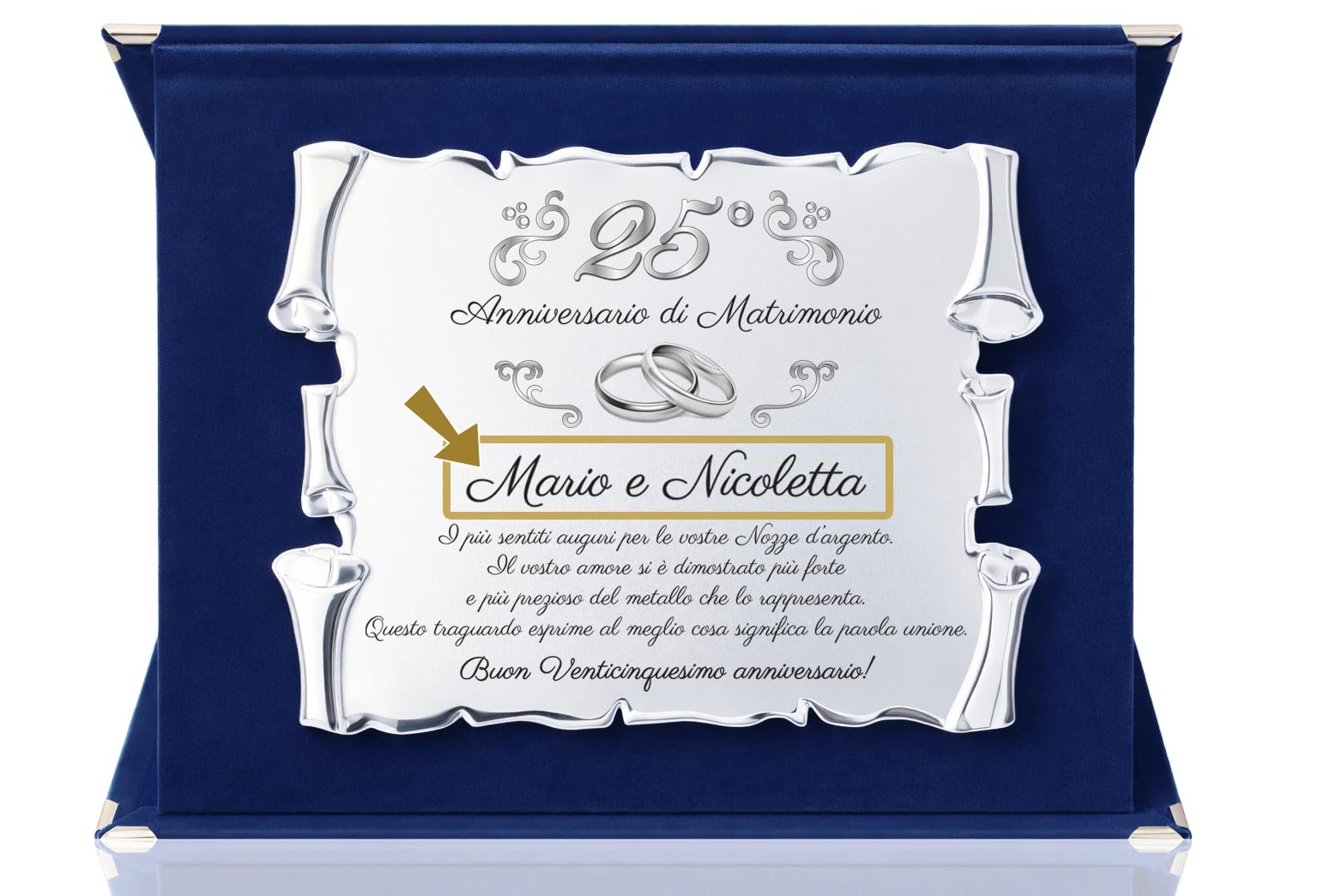 Targa 25° Anniversario di Matrimonio NOMI PERSONALIZZATI | Elegante Regalo Anniversario Nozze d'argento | Pergamena Argentata su Cofanetto in Velluto Blu
