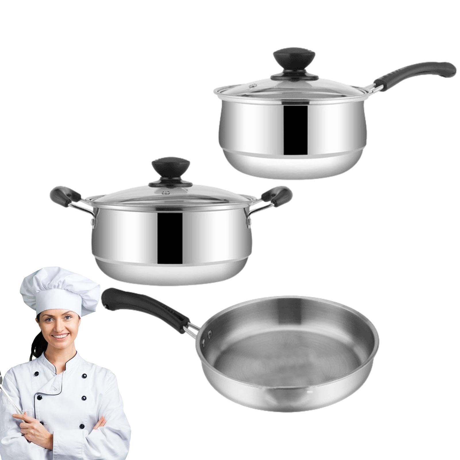 Set di utensili da cucina in acciaio , antiaderenti, 3 pezzi | pentole e padelle antiaderenti con coperchio