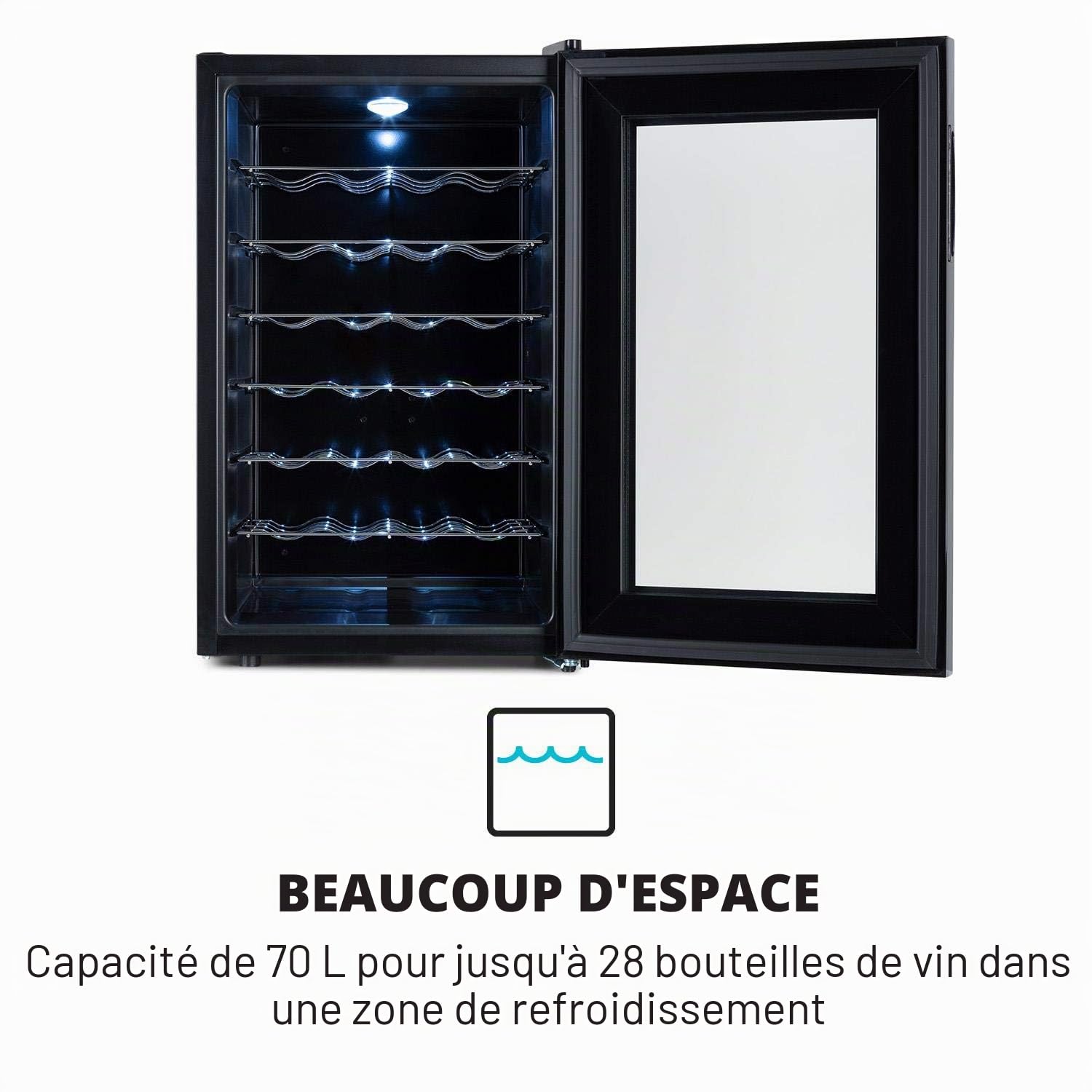 KLARSTEIN Barolo - Cave à vin, Porte en verre, Tiroirs métalliques, Eclairage intérieur LED, Facile à nettoyer, 70 litres, 28 bouteilles - Noir