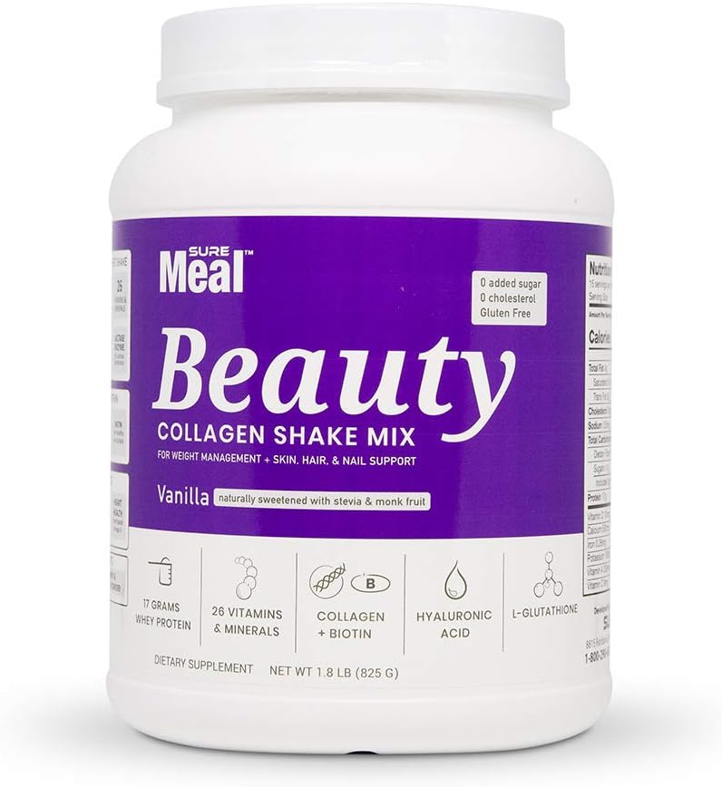 SureMeal Beauty Meal Replacement โ with Collagen, Hyaluronic Acid and Whey Protein Isolate. Vanilla Flavor Naturally Sweetened with Stevia, Gluten-Free, 1.8 lbs Powder, 15 Servings