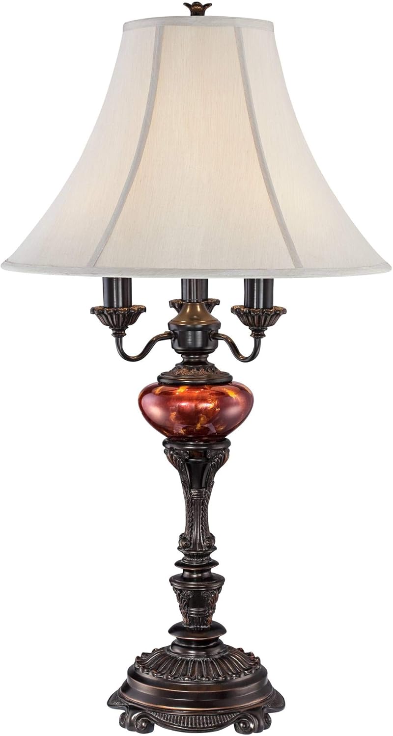 Barnes and Ivy Rhys Traditional Style 3-Way Table Lamp 34" Tall English Bronze Brown Tortoise Shell Glass Off White Bell Shade Decor for Living Room Bedroom House Bedside Home Office Entryway