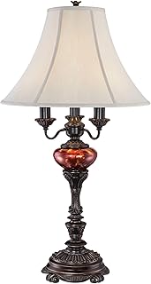 Barnes and Ivy Rhys Traditional Style 3-Way Table Lamp 34" Tall English Bronze Brown Tortoise Shell Glass Off White Bell Shade Decor for Living Room Bedroom House Bedside Home Office Entryway