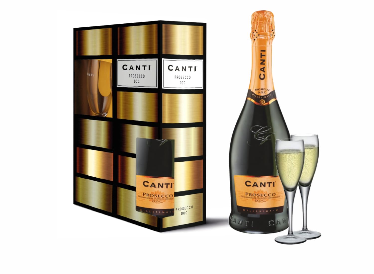 Canti - Prosecco D.O.C. Millesimato, Extra Dry Wine 10,5% Gift Pack with 2 Gasses, Italian Glera Grape Variety from Veneto, Fruity and Floral Taste, 1x750 ml