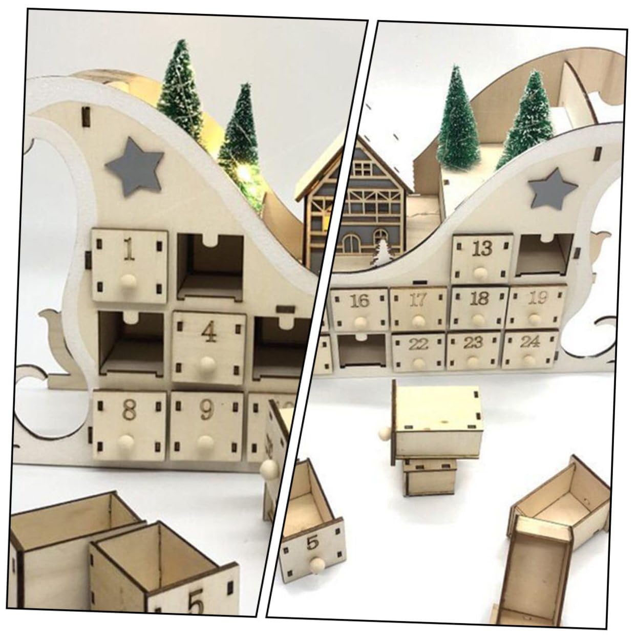 GALPADA Holz Adventskalender Weihnachtsdeko mit Stabilem Schlitten design Tage Countdown DIY Bemalbar Langlebige Tischdekoration für Wohnzimmer und Esstisch Festliche Holzkunst