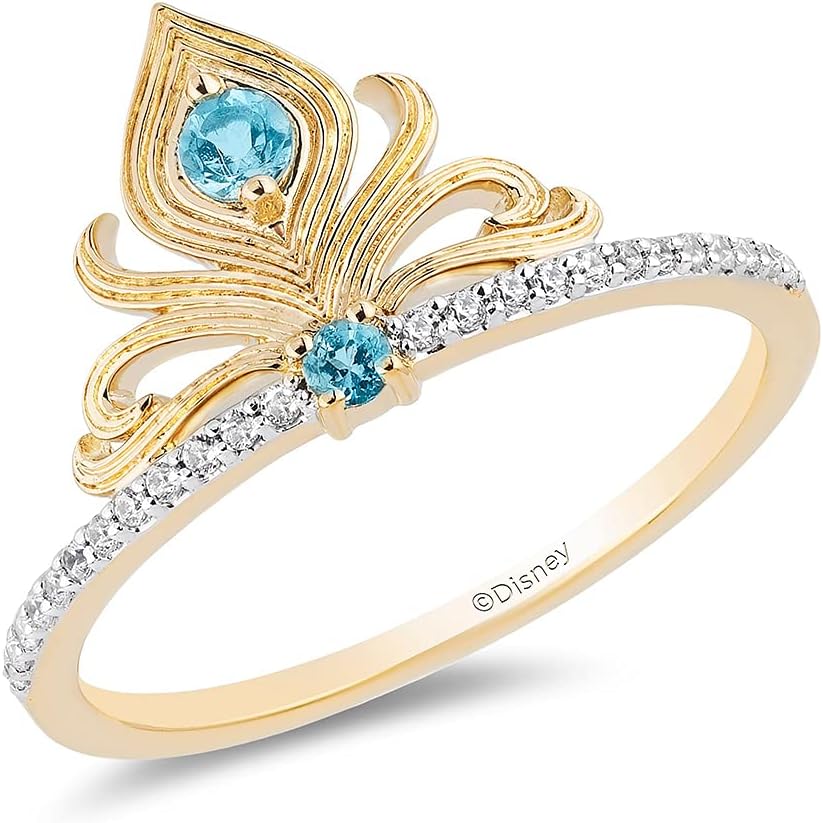 Jewelili Enchanted Disney Fine Jewelry 14K Yellow Gold Over Sterling Silver Round Swiss Blue Topaz and 1/10 Cttw Natural White Round Diamond Jasmine Ring