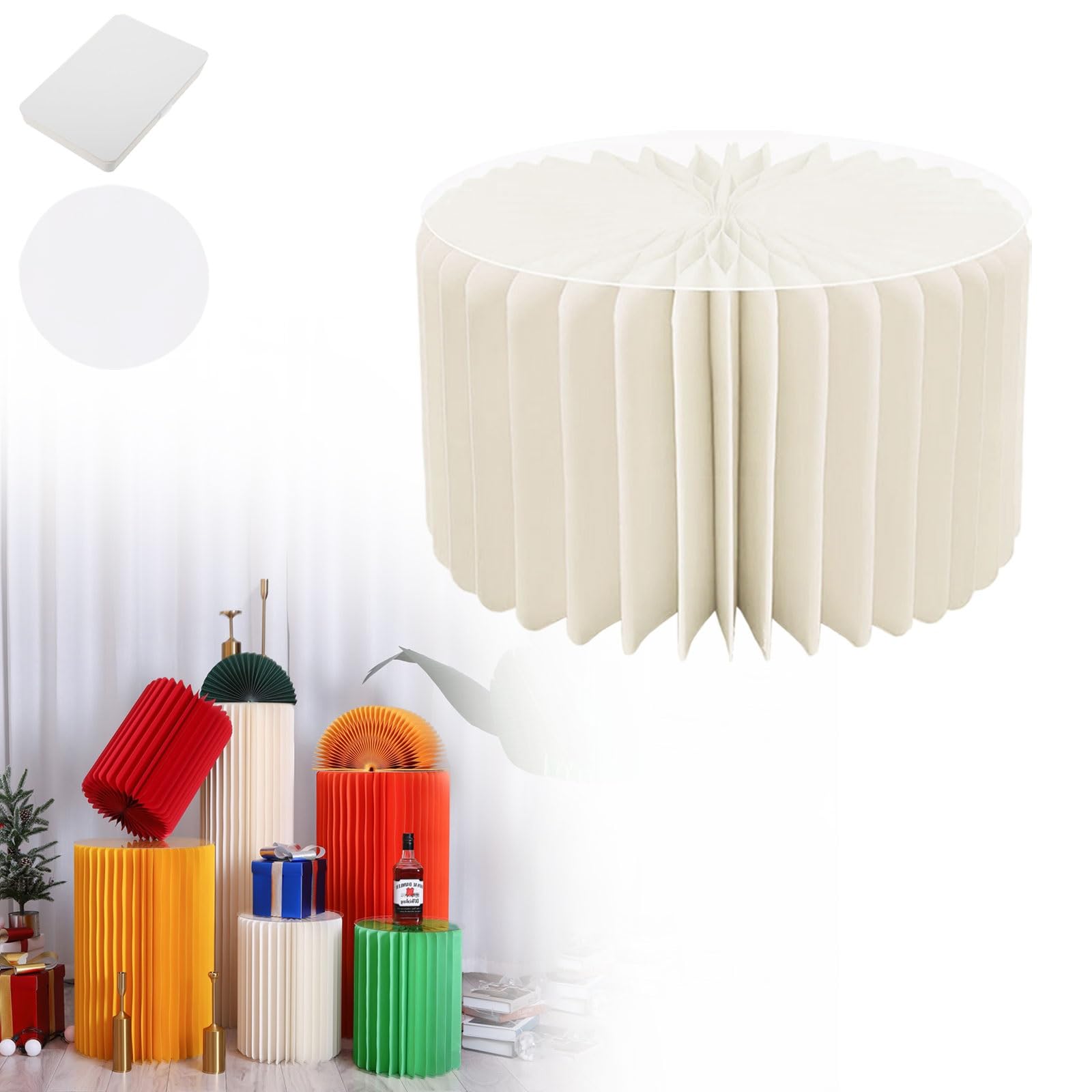 YTBHSHXZ plinth， Foldable Cardboard Cylinder Pedestal Stand With Transparent Plate Multicolor 20-100cm(Creamy White,H 20cm)