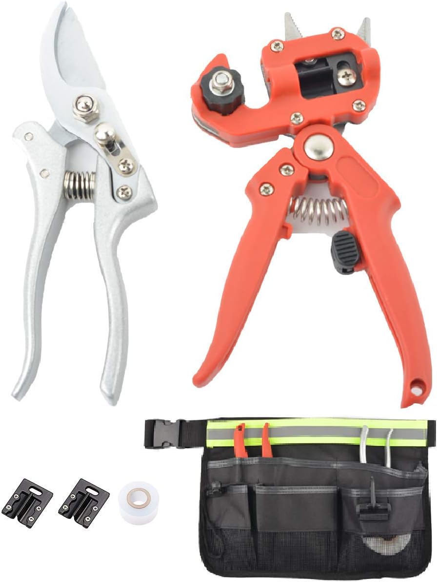 Garden Grafting Tool Pruning Shears Kit with Waist Bag & Grafting Tapes Plant Branch Twig Vine Fruit Tree Cutting Scissors Shear (Orange)