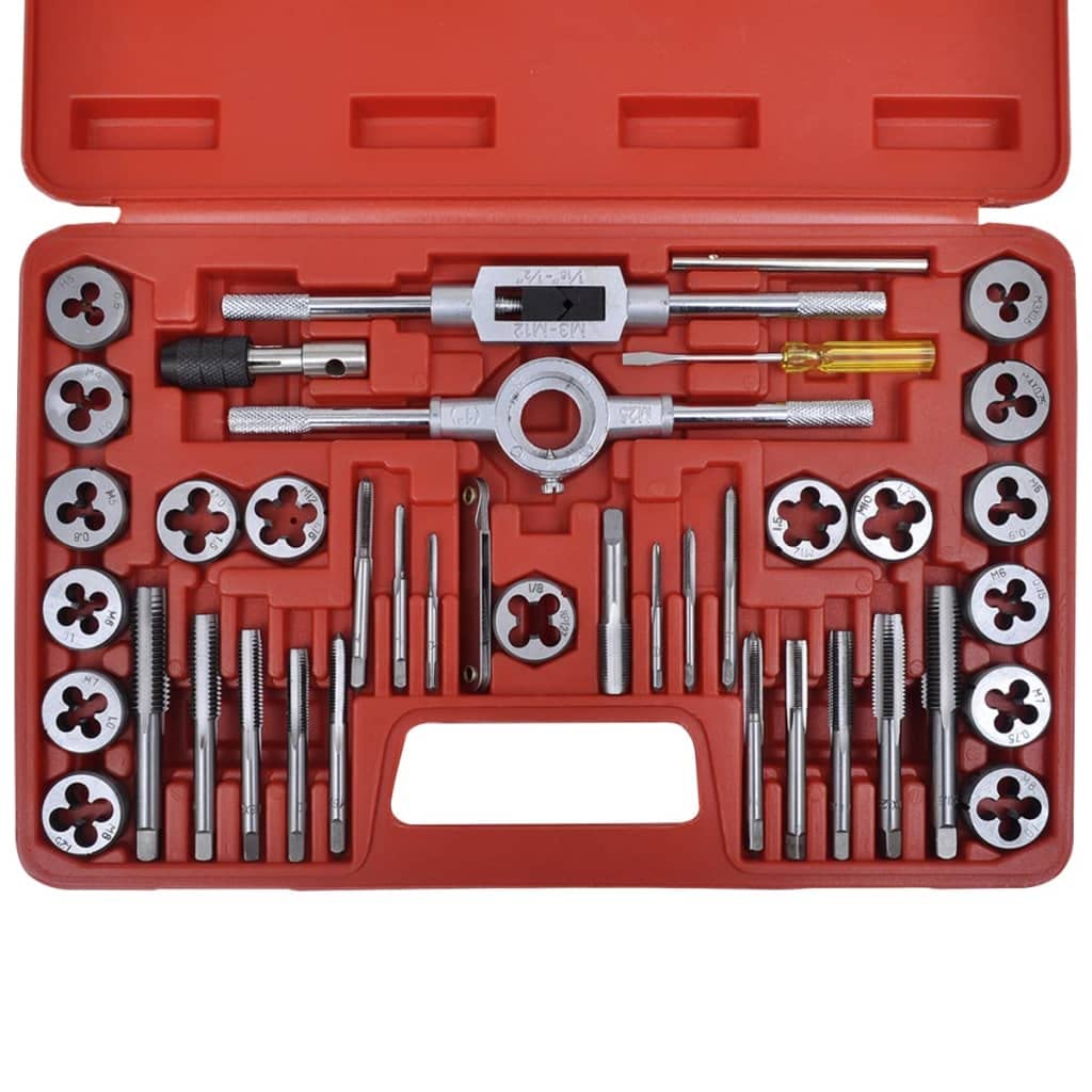 Set di 40 filiere in acciaio al carbonio di alta qualità per metallo, legno, plastica, riparazione officina, con valigetta degli attrezzi, filettatura interna ed esterna, metrica