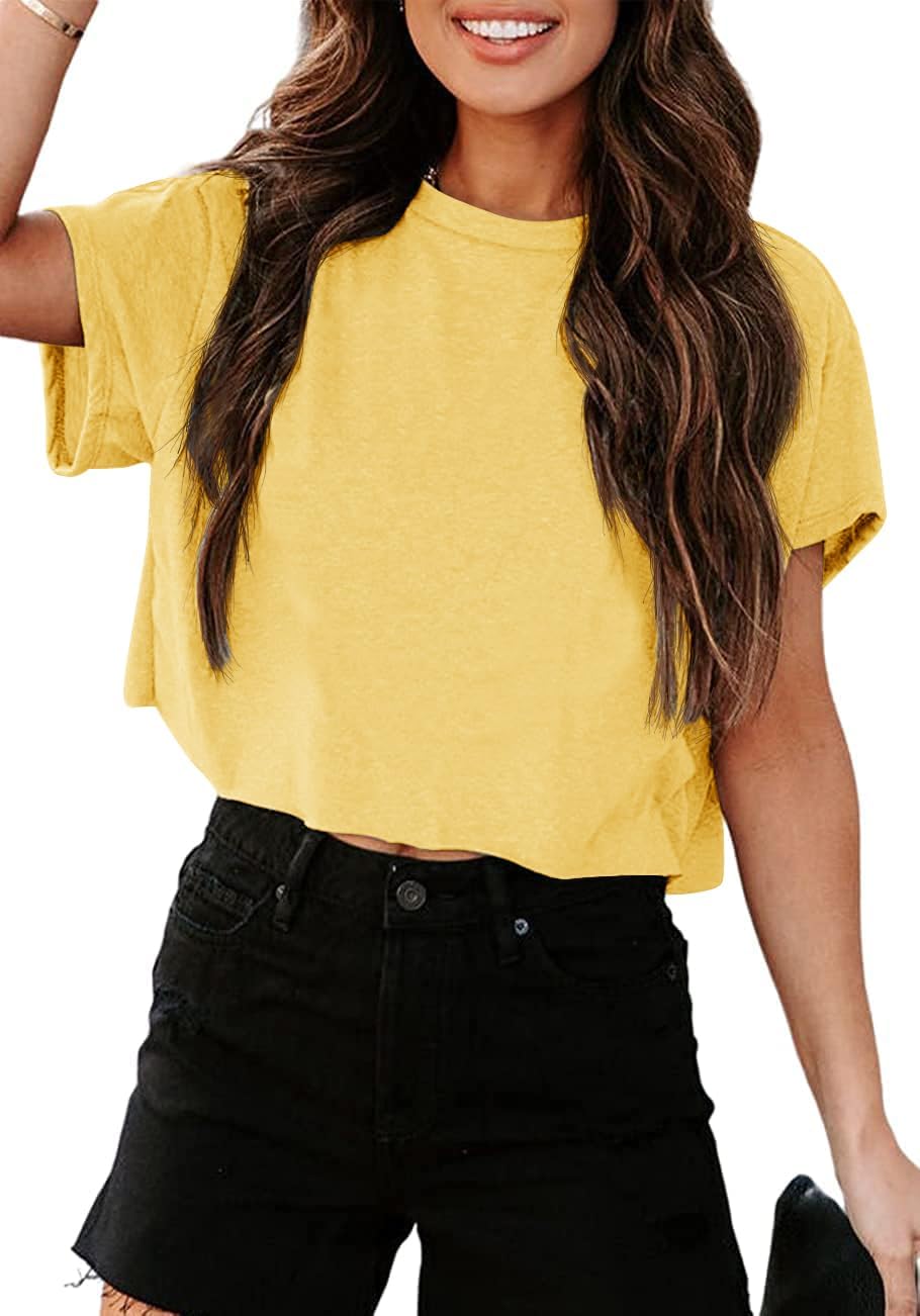 Tankaneo Women Short Sleeve Cropped T-Shirts Crew Neck Loose Crop Tops Summer Casual Drop Shoulder Basic Tees