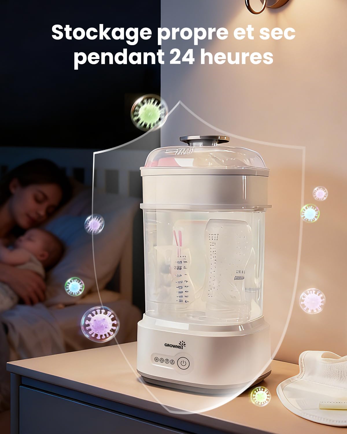 Grownsy Stérilisateur Biberon avec Séchage, Stérilisateur Électrique à Vapeur Compact pour Biberons, Tétines, Pièces de Tire-lait