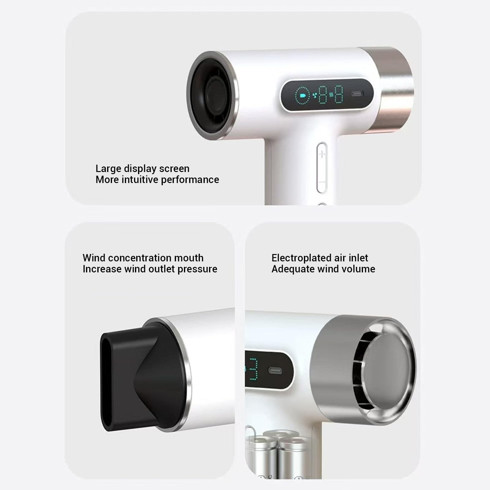 Haartrockner, 300 W, 100.000 U/min, Schnell Trocknender Tragbarer Föhn mit 9 Windgeschwindigkeiten und 3 Einstellbaren Temperaturen, LED-Anzeige, Wiederaufladbar über USB,