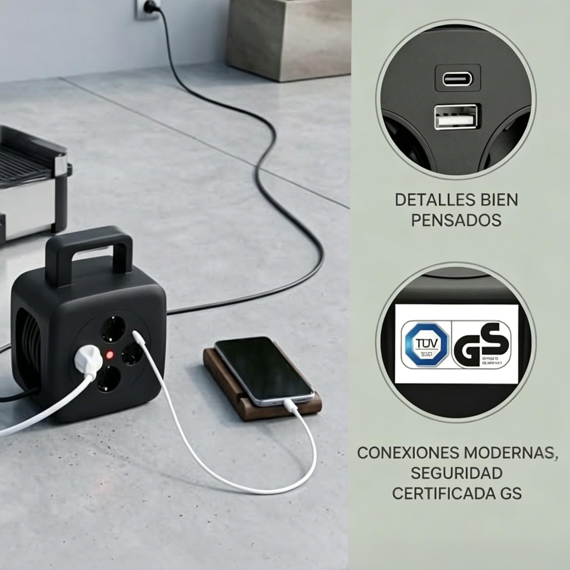 Carrete de cable 15 m con USB 20 W, certificado TÜV GS, interruptor térmico | 4 enchufes Schuko, manivela plegable para el hogar y camping al aire libre, rollo de cable de 16 A