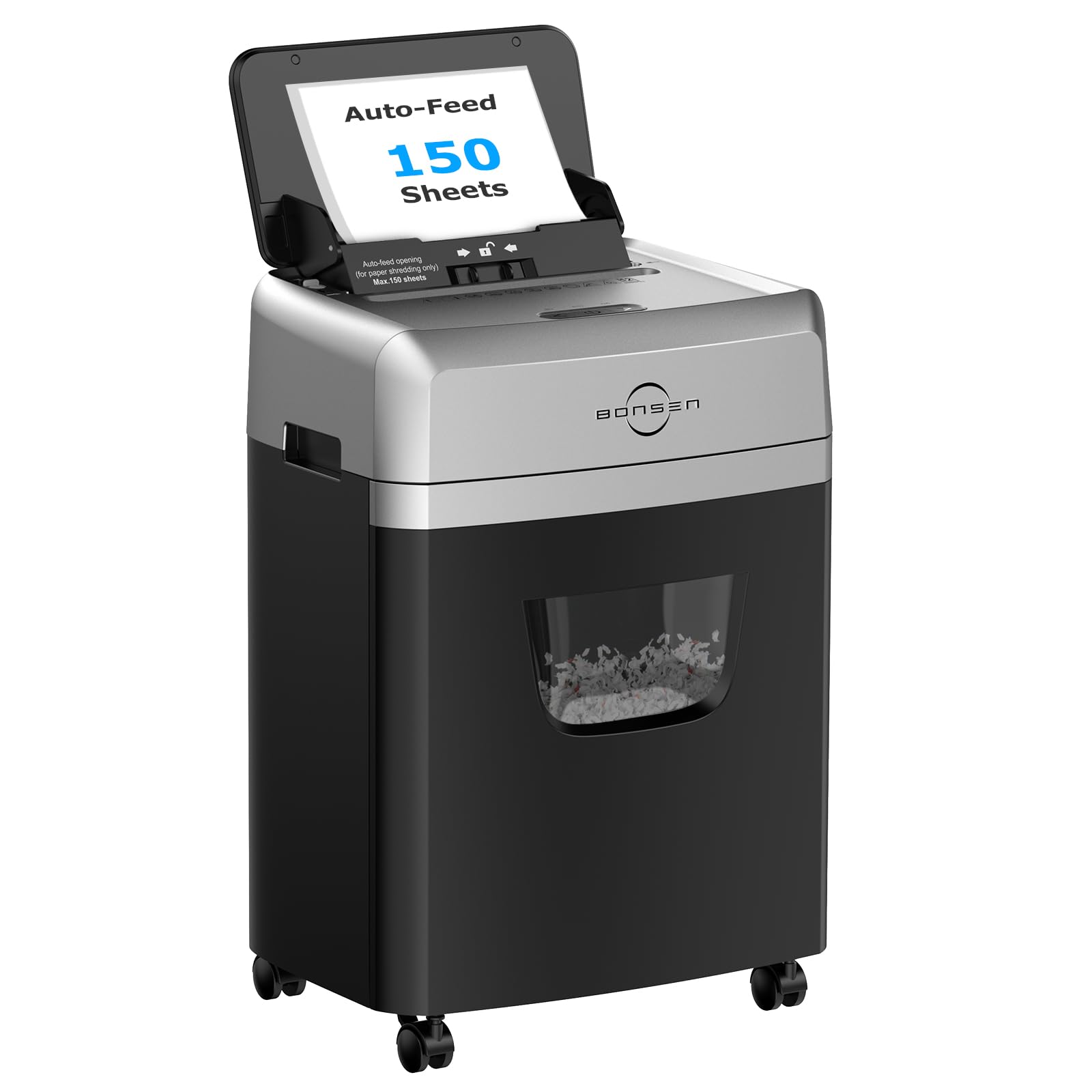 BONSEN 150-Sheet Autofeed Paper Shredder Heavy Duty, 60 Mins Micro-Cut Shredder for Office, 6 Gal Large Capacity Bin P-4 High Security Commercial Document Shredders for Home Office (S3114 New Version)