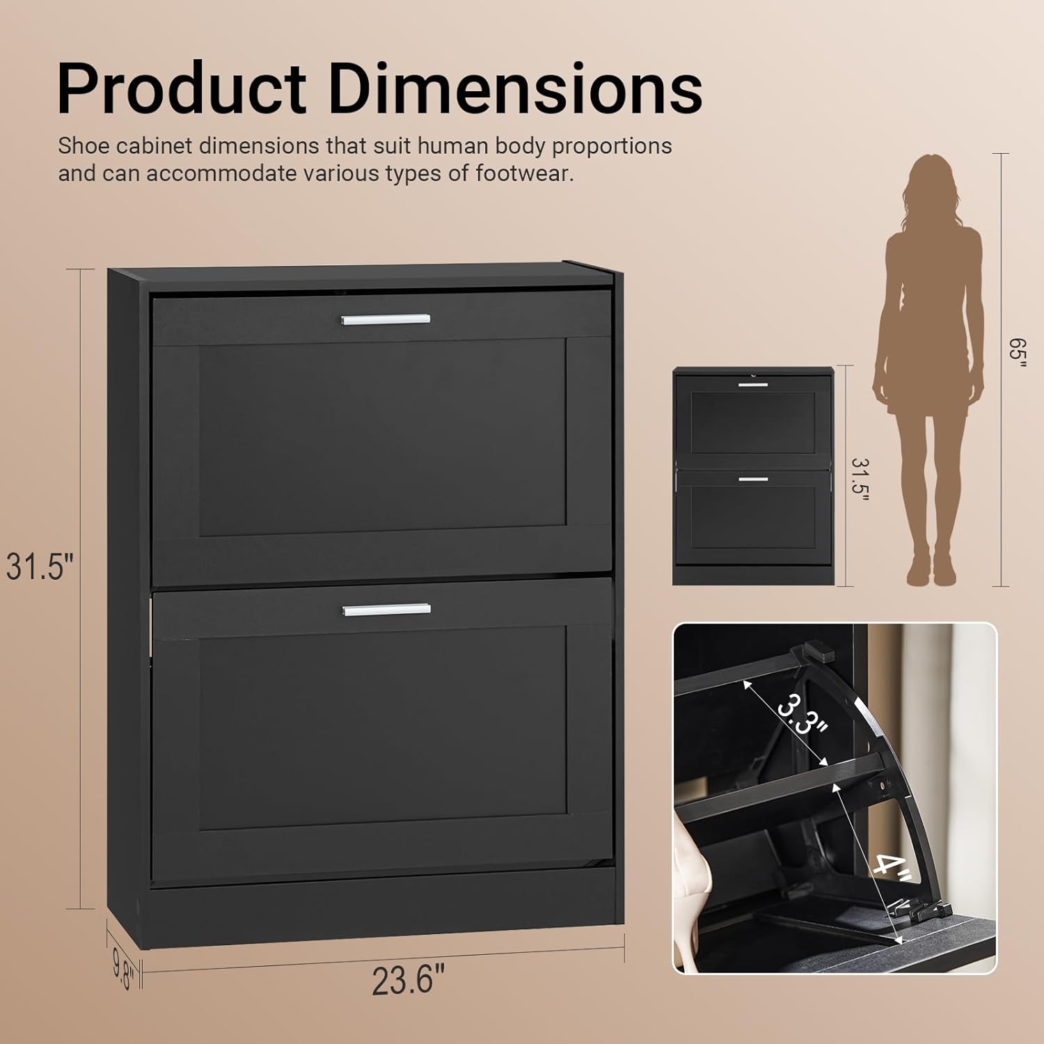 Haotian Shoe Cabinet Storage for Entryway, Narrow Shoe Cabinet with Two Flip Drawers to Save Space, Shoe Rack Cabinet for Front Door Entrance Hallway (Black)