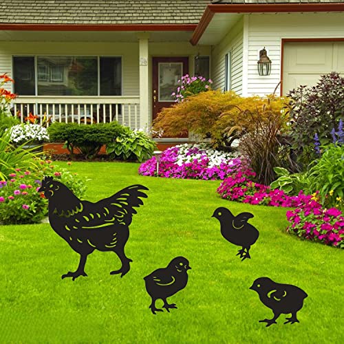 Dupiulk 4 Pack Chicken Garden Decorative Statues, Metal Hen And Chicks Silhouette Garden Stakes, Ideal Yard, Garden, Lawn Decor, Animal Outdoor Decorations #TOP4