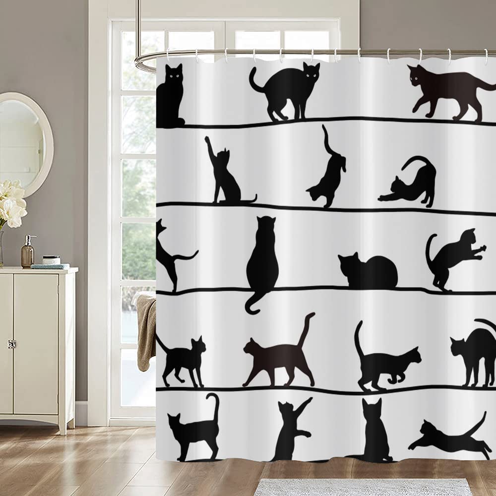 GCIREC Shower Curtain, 180x180cm, Funny Cat Kitten Stripe Black and White Farmhouse Waterproof & Mould-Resistant Fabric Bathroom Curtain Machine Washable with Hooks