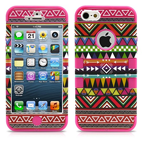 iPhone 5 Case, MagicMobile Hybrid Protective iPhone 5 Case Dual Shockproof Hard Cover Rubber Silicone Rigid Plastic Tough Armor Impact Resistant Heavy Duty Case for iPhone 5 [ Design Series Aztec Tribal Maya - Pink ]