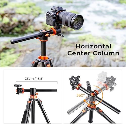 Miniatura 3 de K&F Concept Trípode de cámara de 73 pulgadas/73.2 in, columna central transversal de aluminio DSLR trípode con cabeza de bola de 360 grados